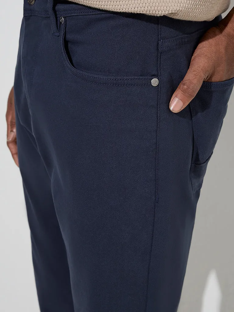 Ascot Navy Relaxed-Fit Mid-Rise Cotton-Blend Trousers