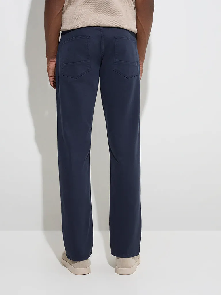 Ascot Navy Relaxed-Fit Mid-Rise Cotton-Blend Trousers