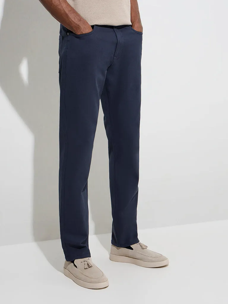 Ascot Navy Relaxed-Fit Mid-Rise Cotton-Blend Trousers