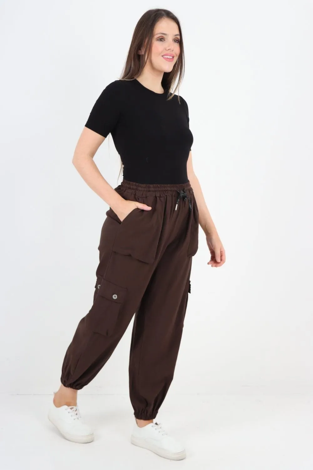 Elastic Waist  Drawstring Cargo Pockets Trouser