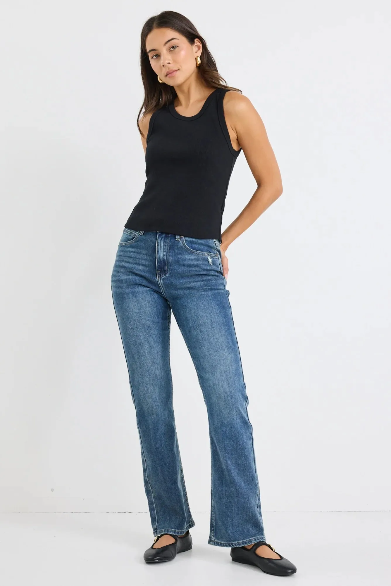 Farah Mid Blue High Rise Soft Flare Jean