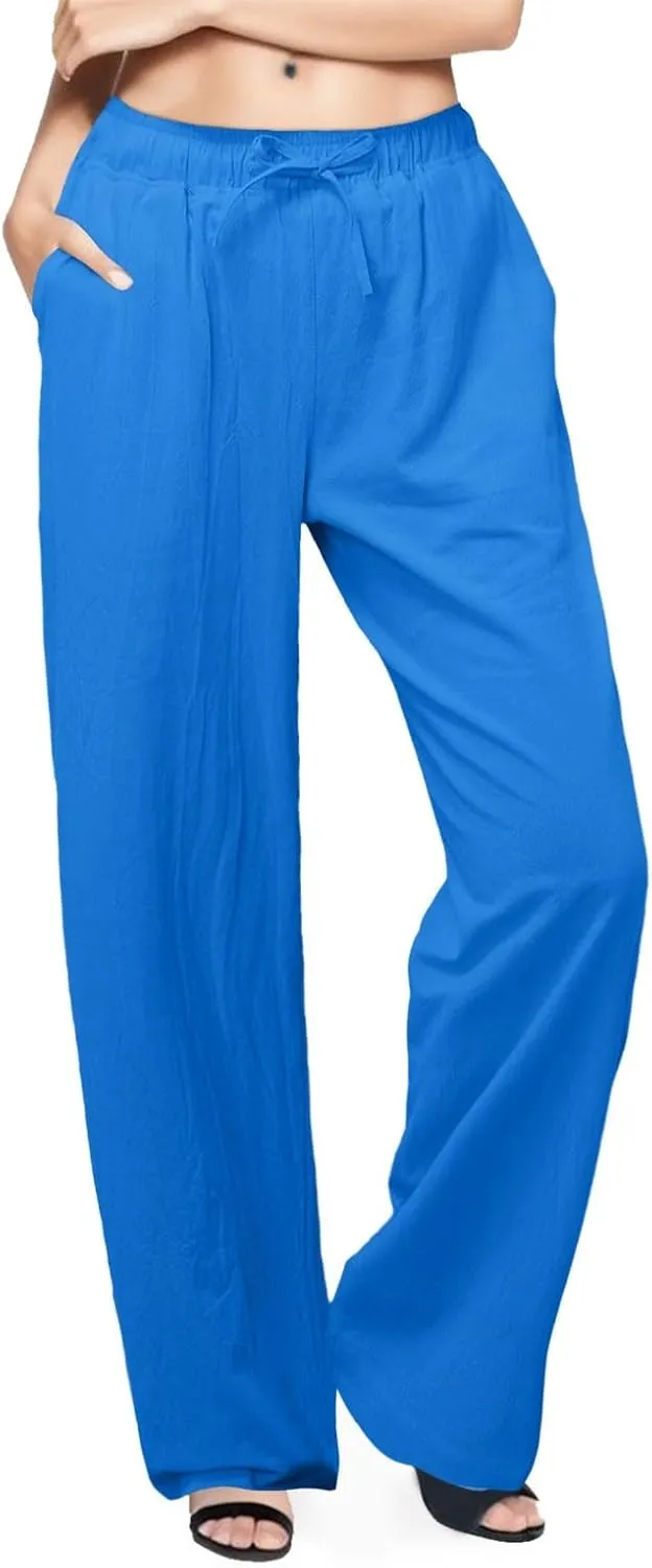 JiXiang Women Linen Pants Summer Wide Leg Casual Loose Drawstring High Waist Palazzo Pants Trousers with Pockets