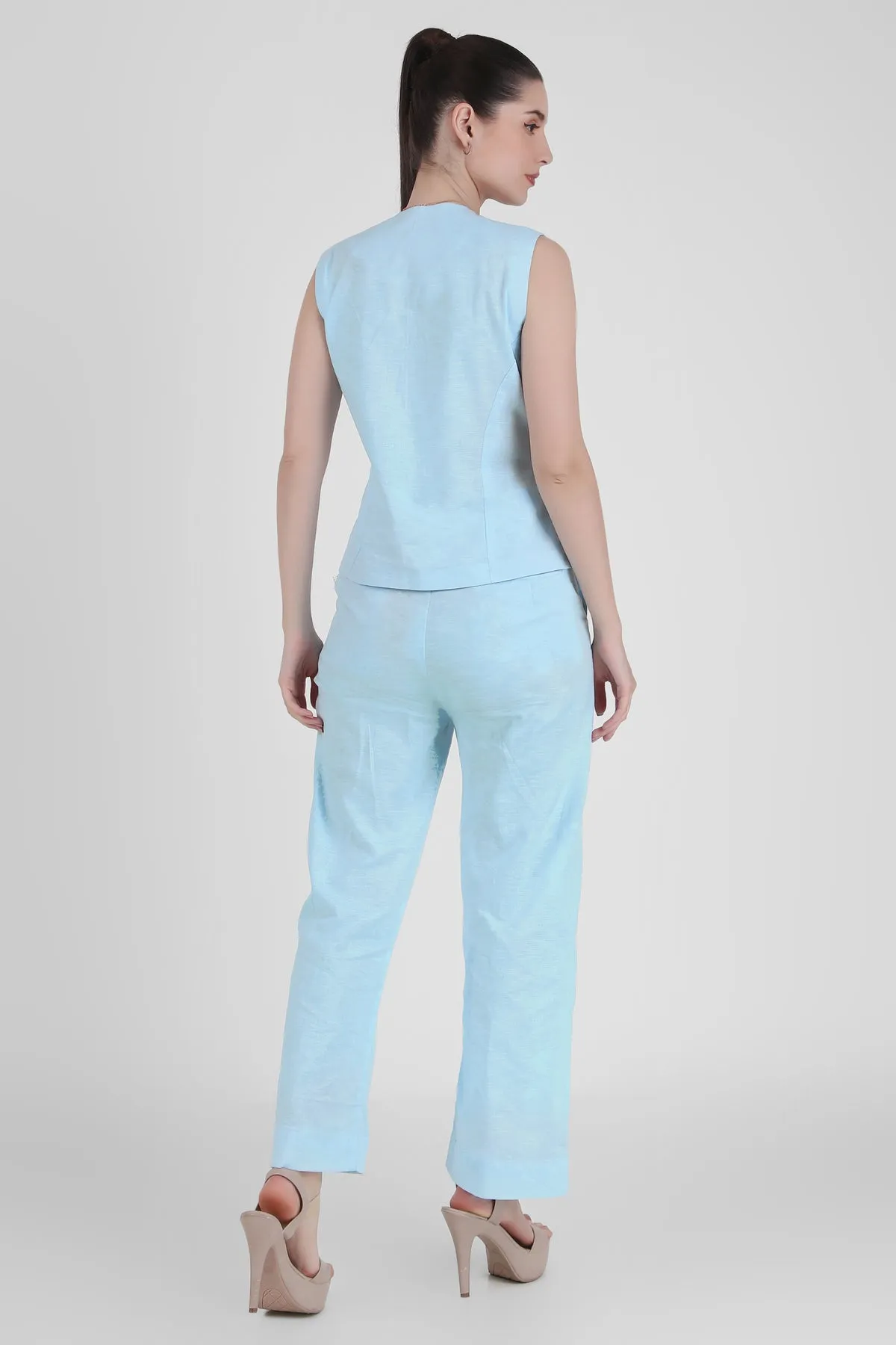 Linen Blend, Waistcoat And Trousers Co-ord Set - Sky Blue