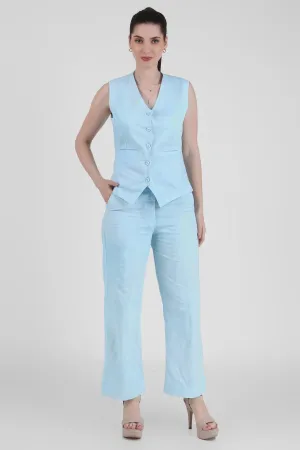 Linen Blend, Waistcoat And Trousers Co-ord Set - Sky Blue