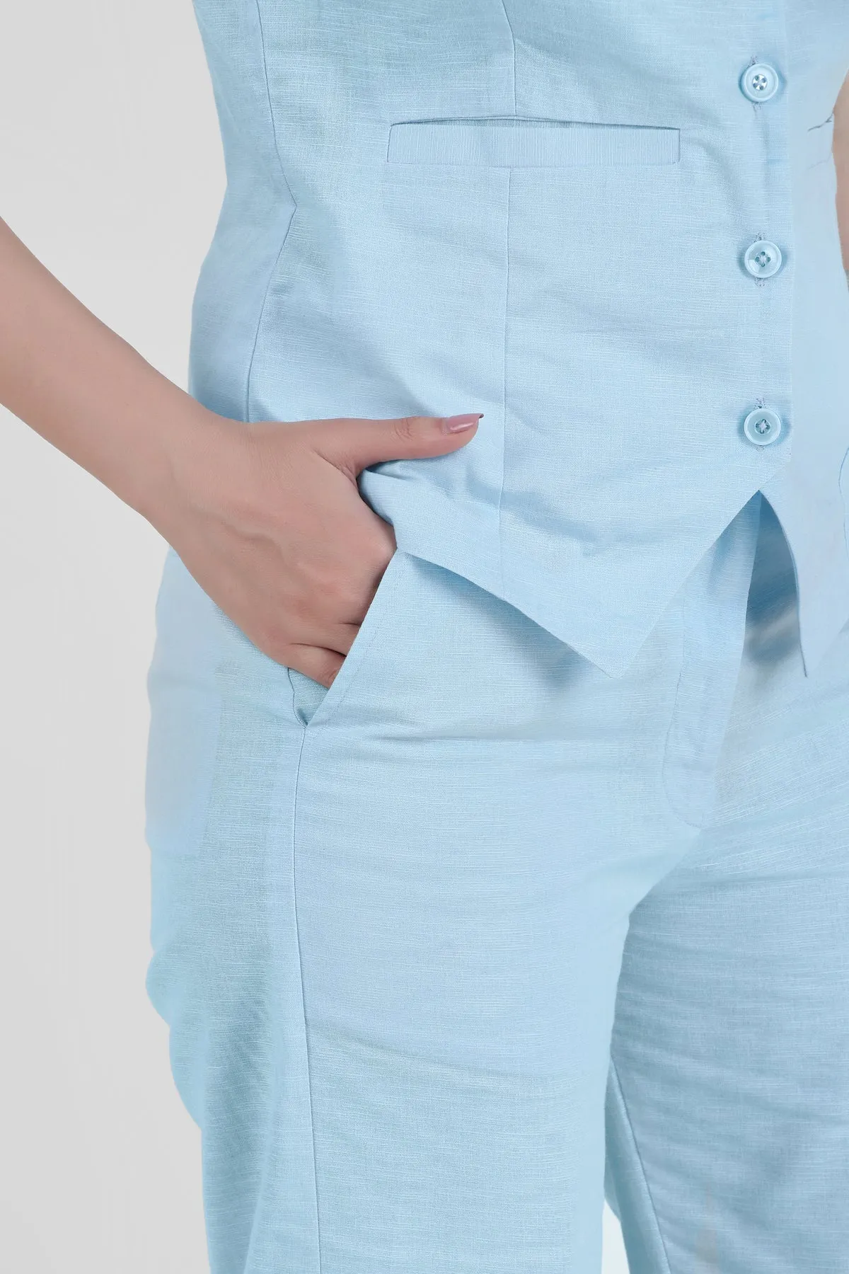 Linen Blend, Waistcoat And Trousers Co-ord Set - Sky Blue