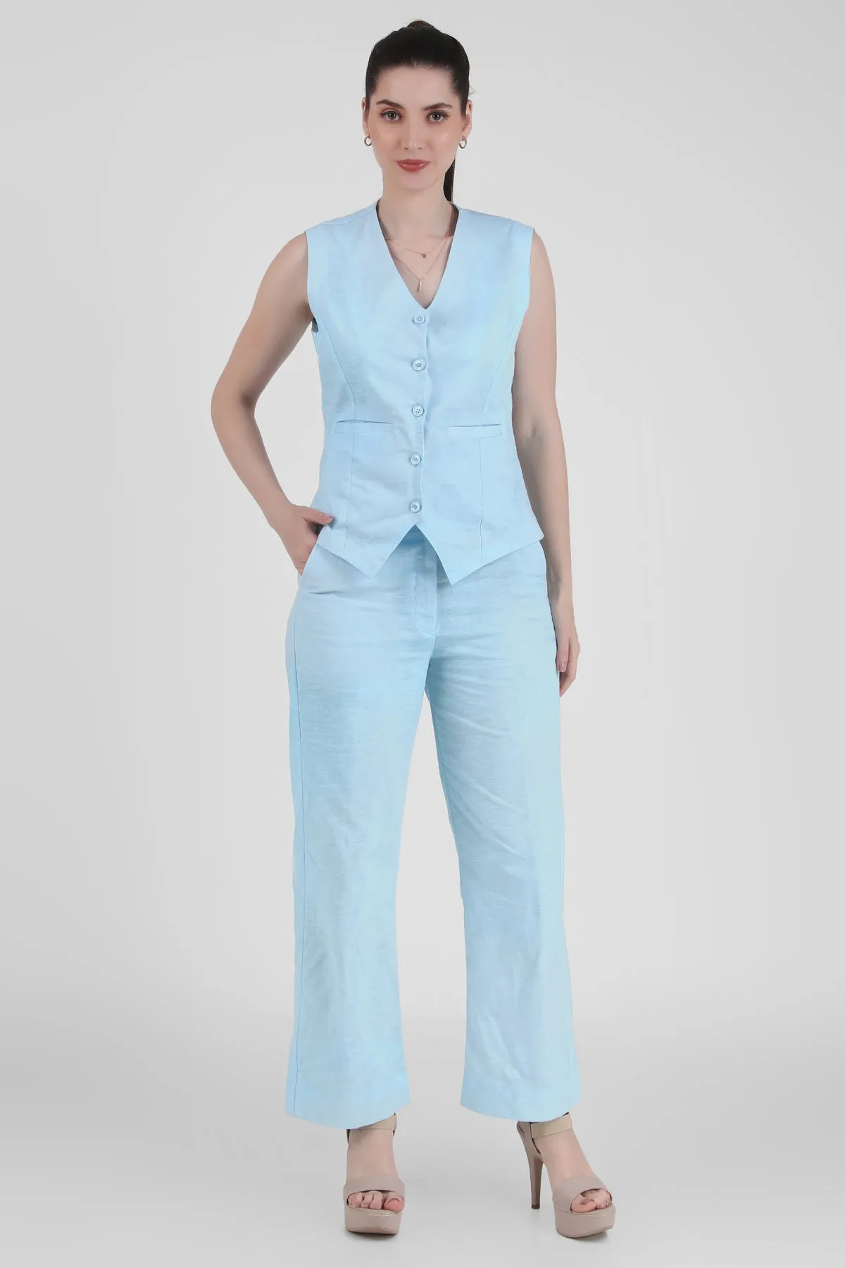 Linen Blend, Waistcoat And Trousers Co-ord Set - Sky Blue