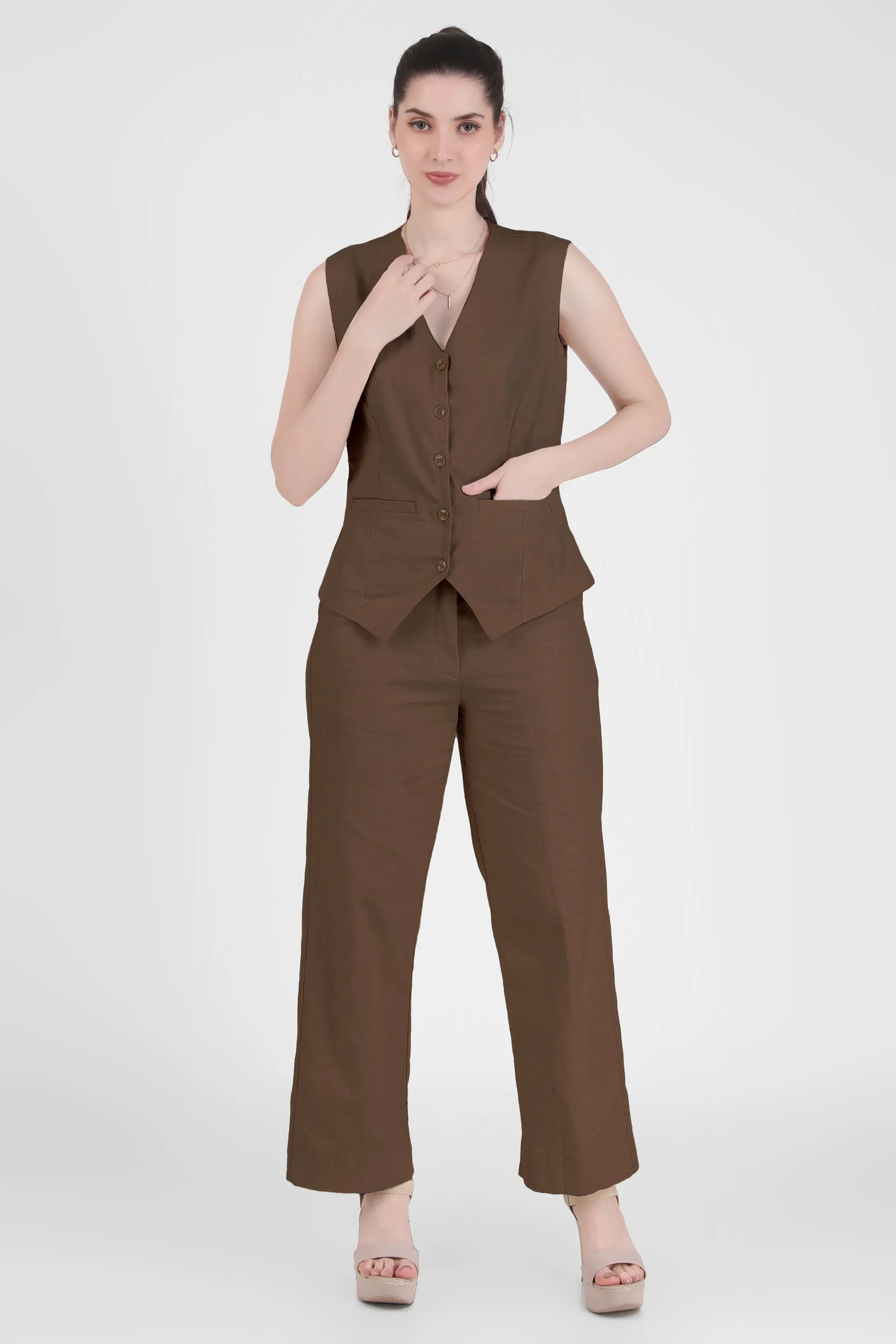 Linen Blend, Waistcoat And Trousers Co-ord Set - Taupe