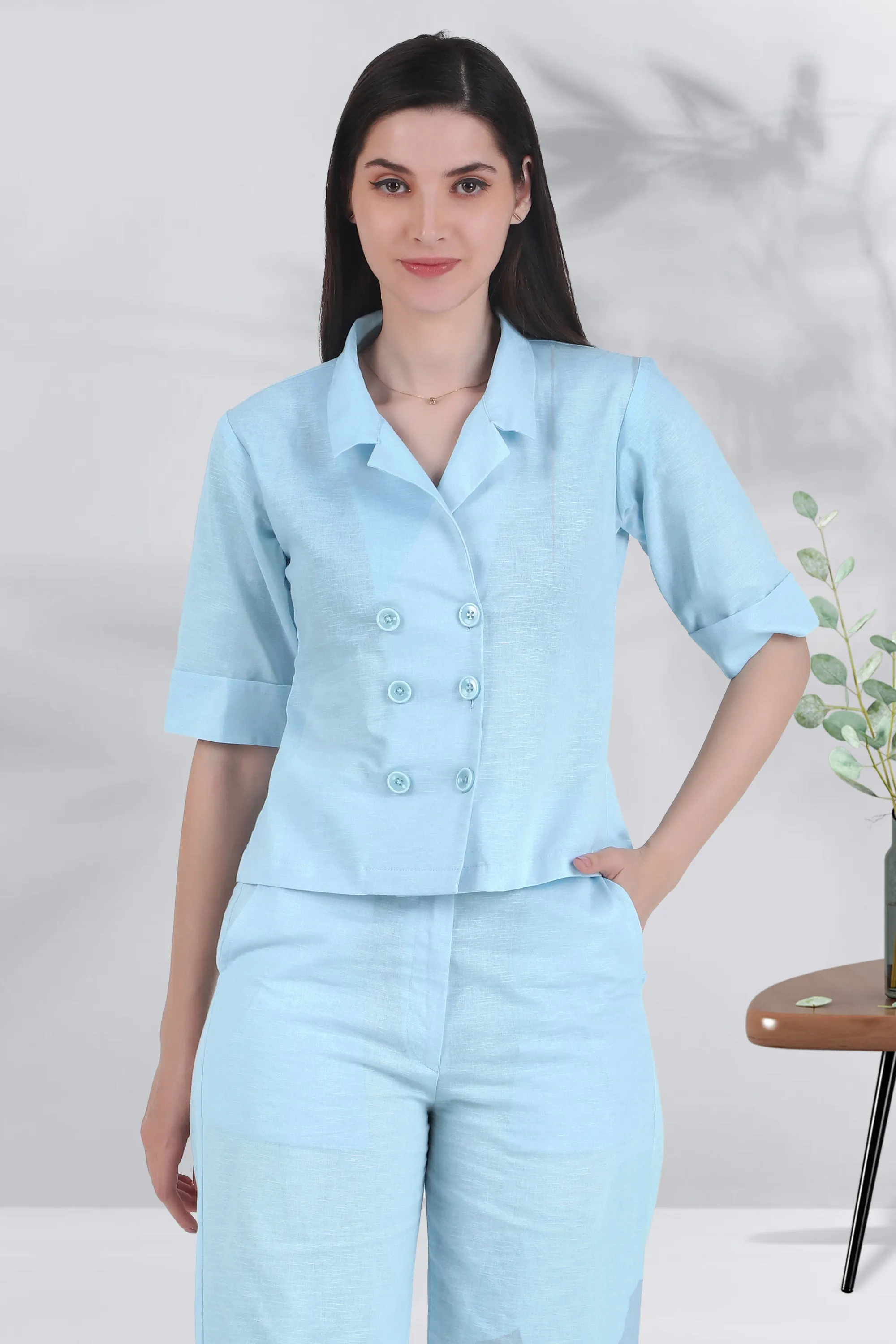 Linen Open Collar Shirt with Trousers, Sky Blue