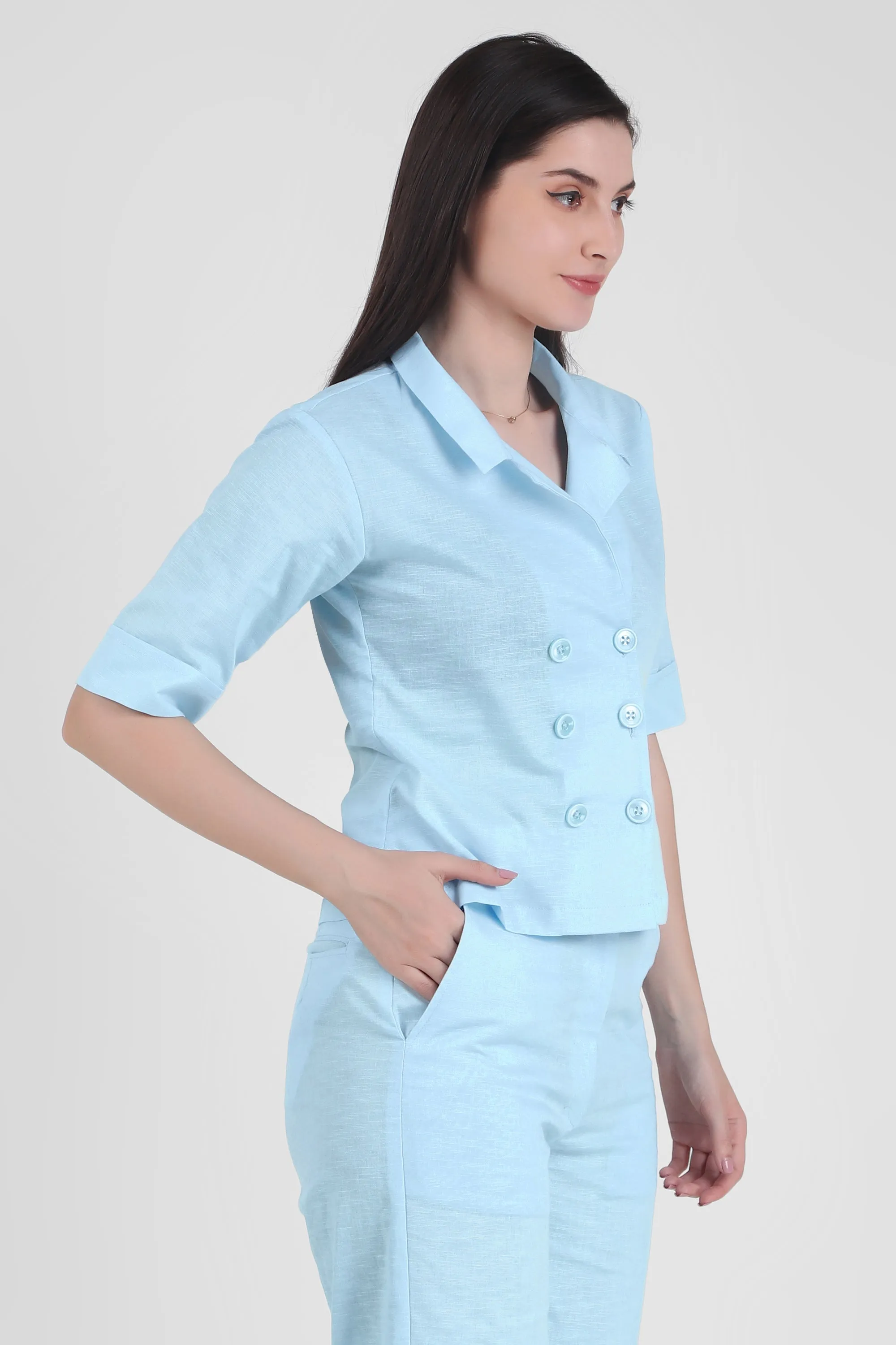 Linen Open Collar Shirt with Trousers, Sky Blue