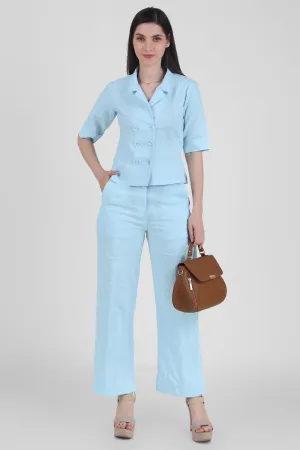 Linen Open Collar Shirt with Trousers, Sky Blue