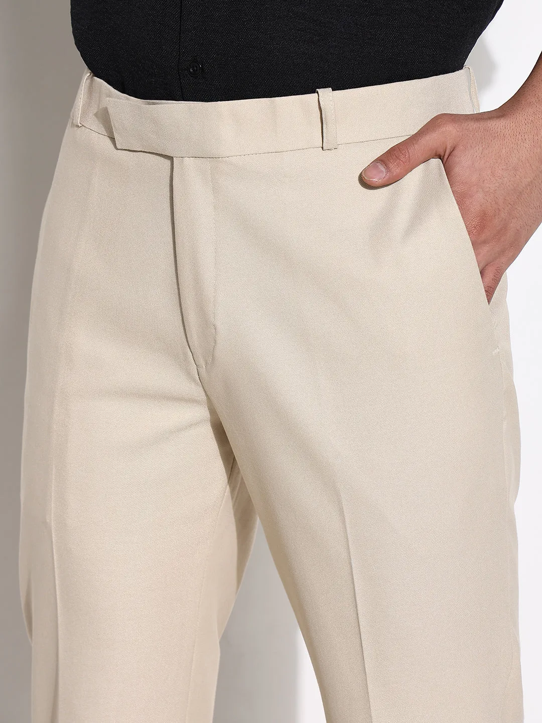 Men Cream Solid Low-Rise Formal Trousers