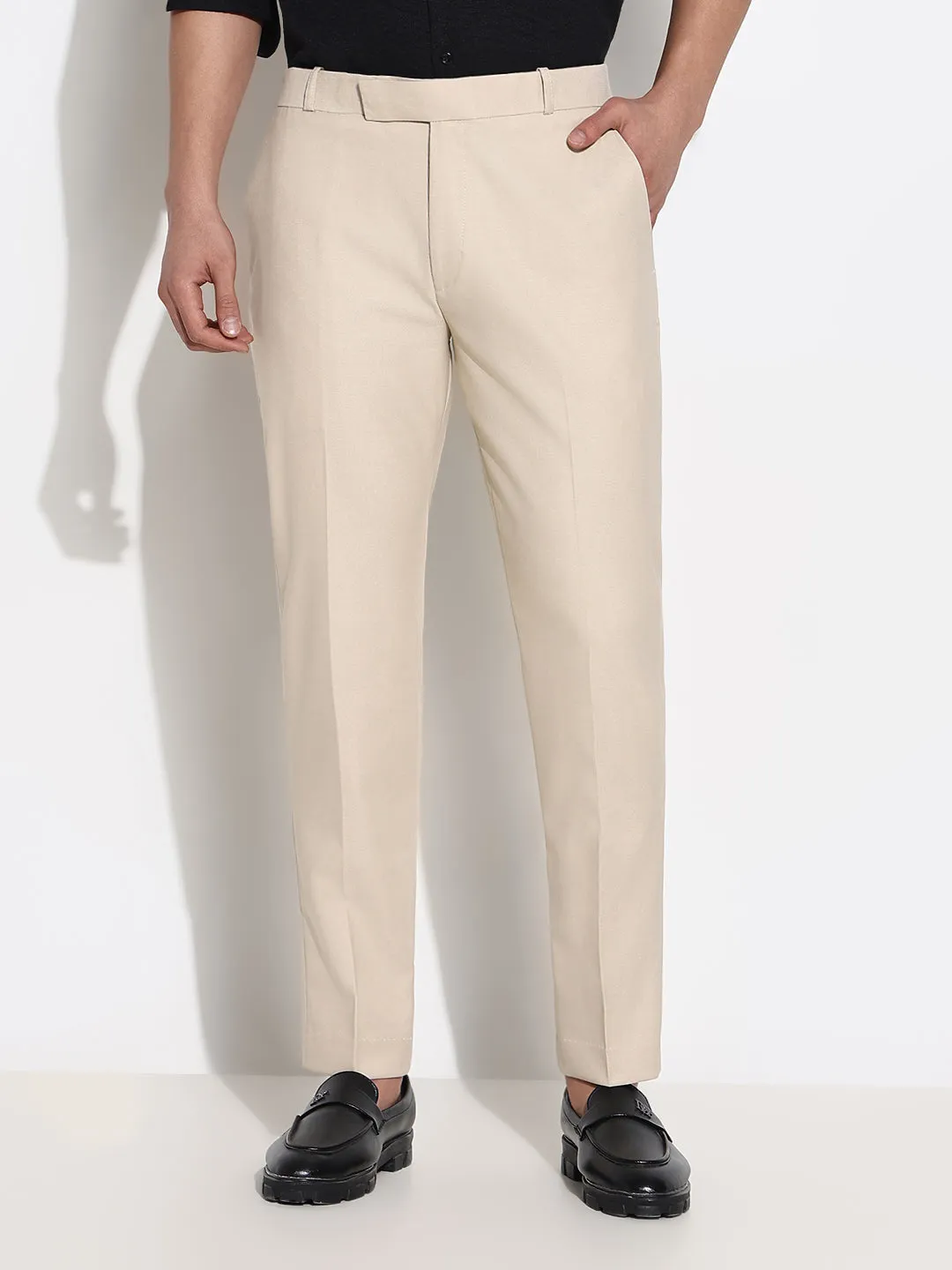 Men Cream Solid Low-Rise Formal Trousers