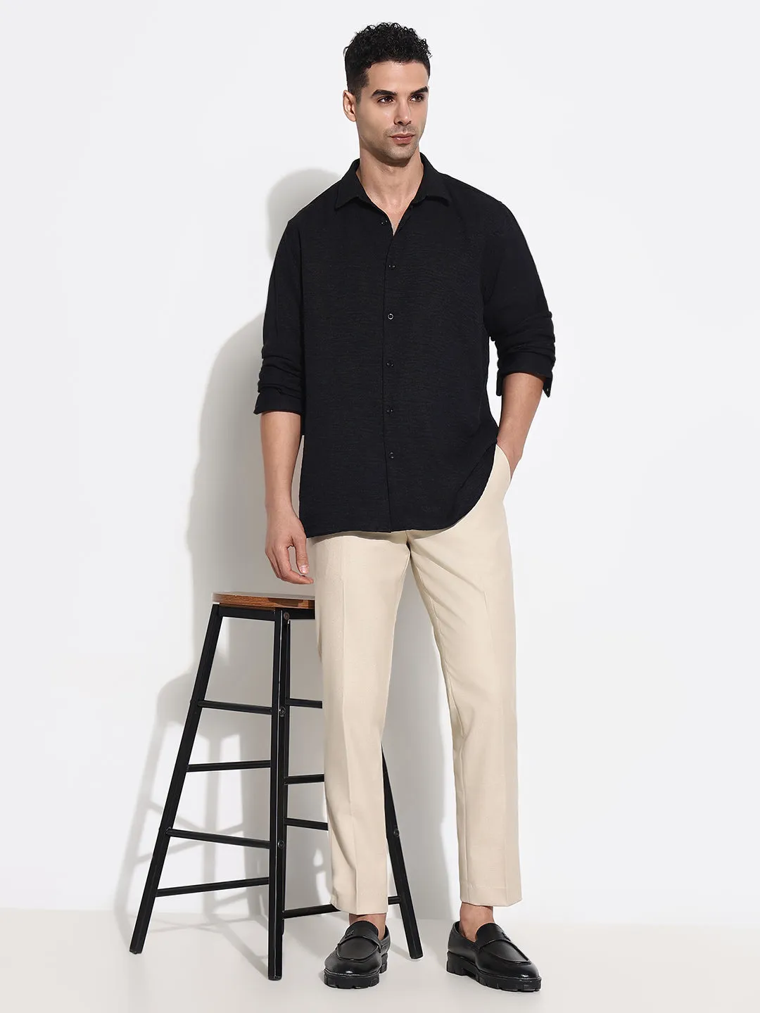 Men Cream Solid Low-Rise Formal Trousers
