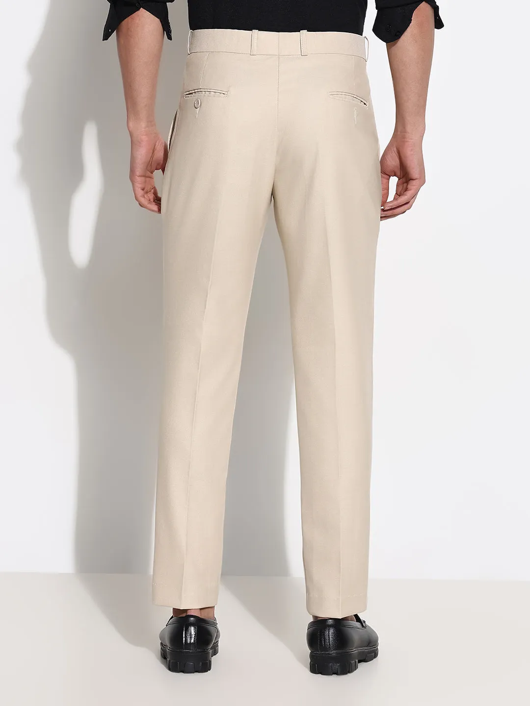 Men Cream Solid Low-Rise Formal Trousers