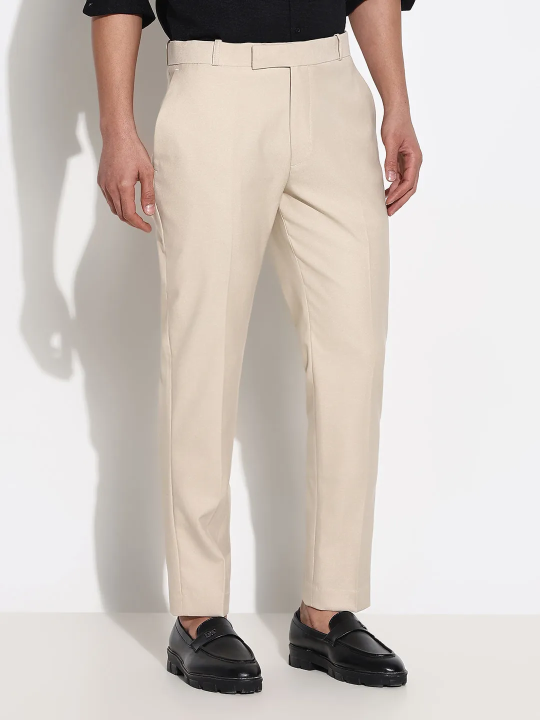 Men Cream Solid Low-Rise Formal Trousers