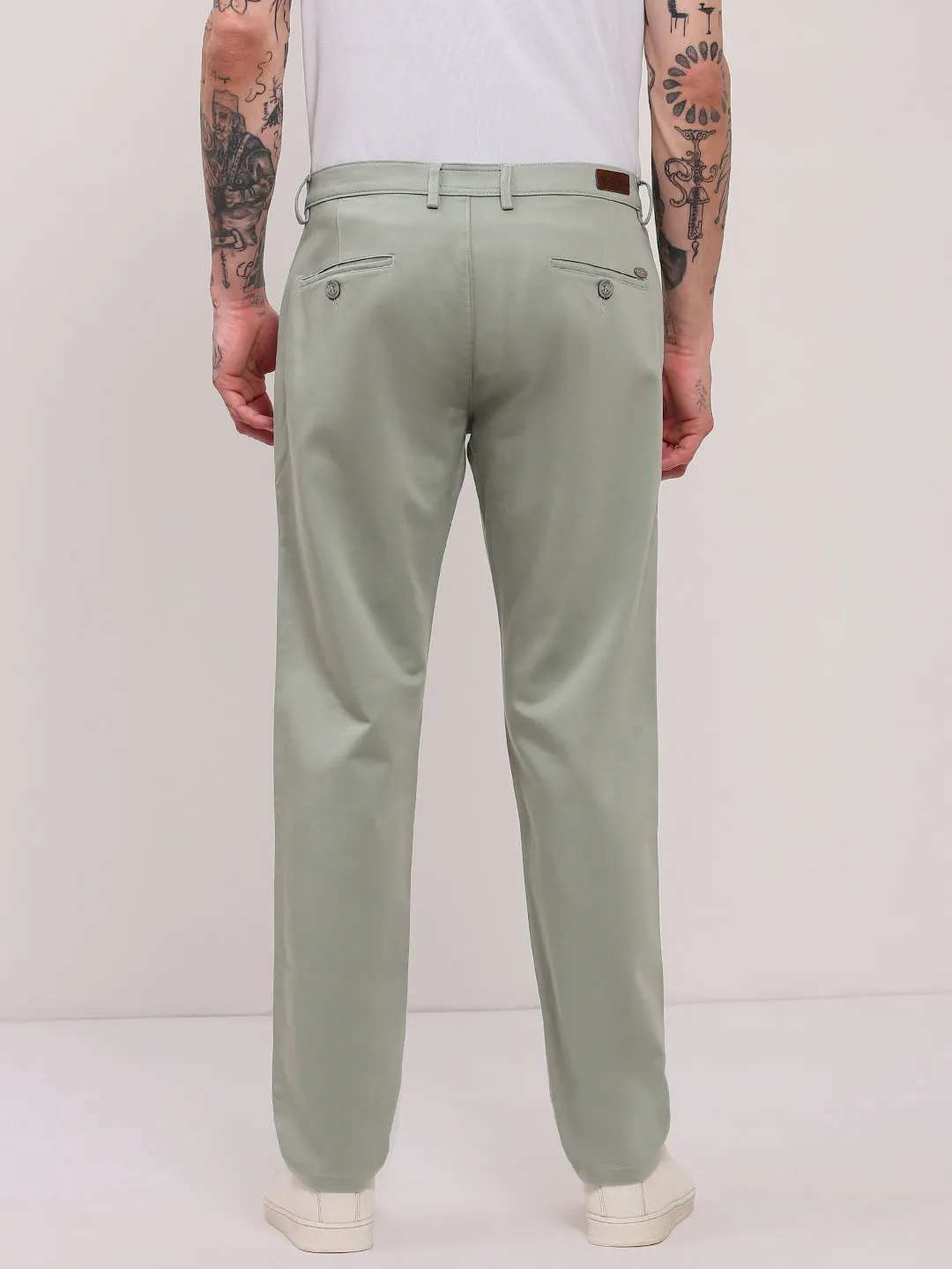 Men Green Solid Flat-Front Slim-Fit Trousers