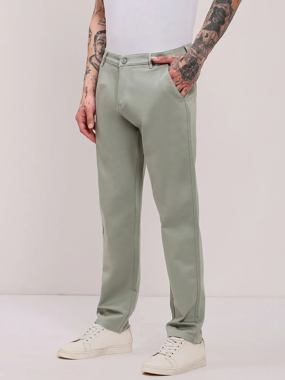 Men Green Solid Flat-Front Slim-Fit Trousers