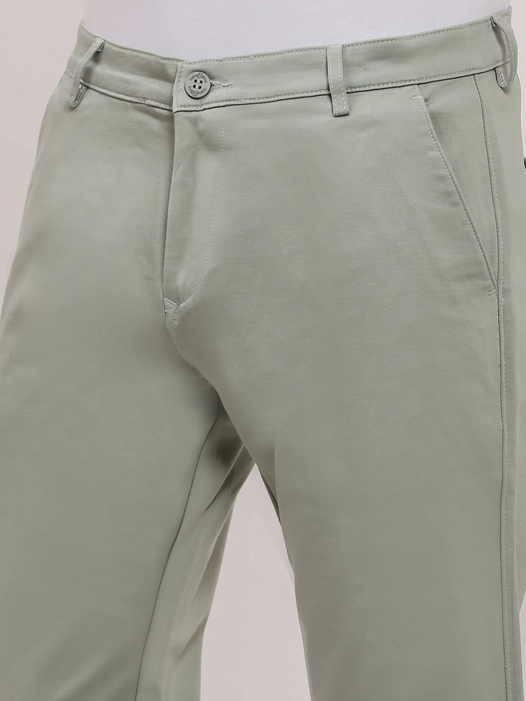 Men Green Solid Flat-Front Slim-Fit Trousers