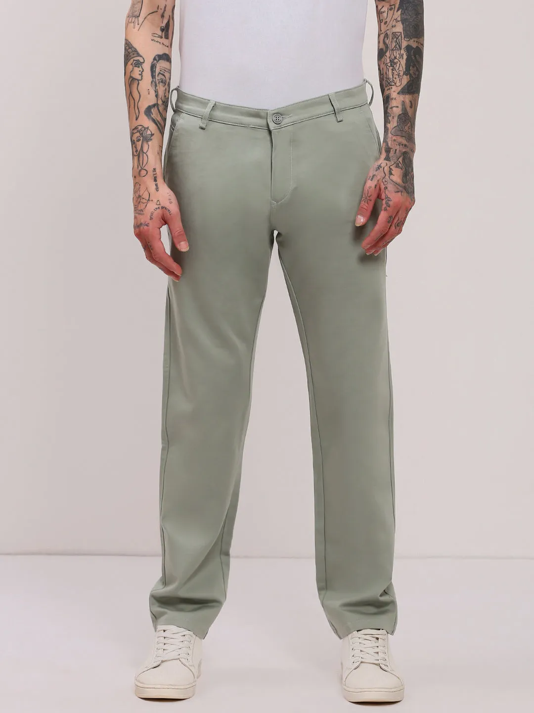 Men Green Solid Flat-Front Slim-Fit Trousers