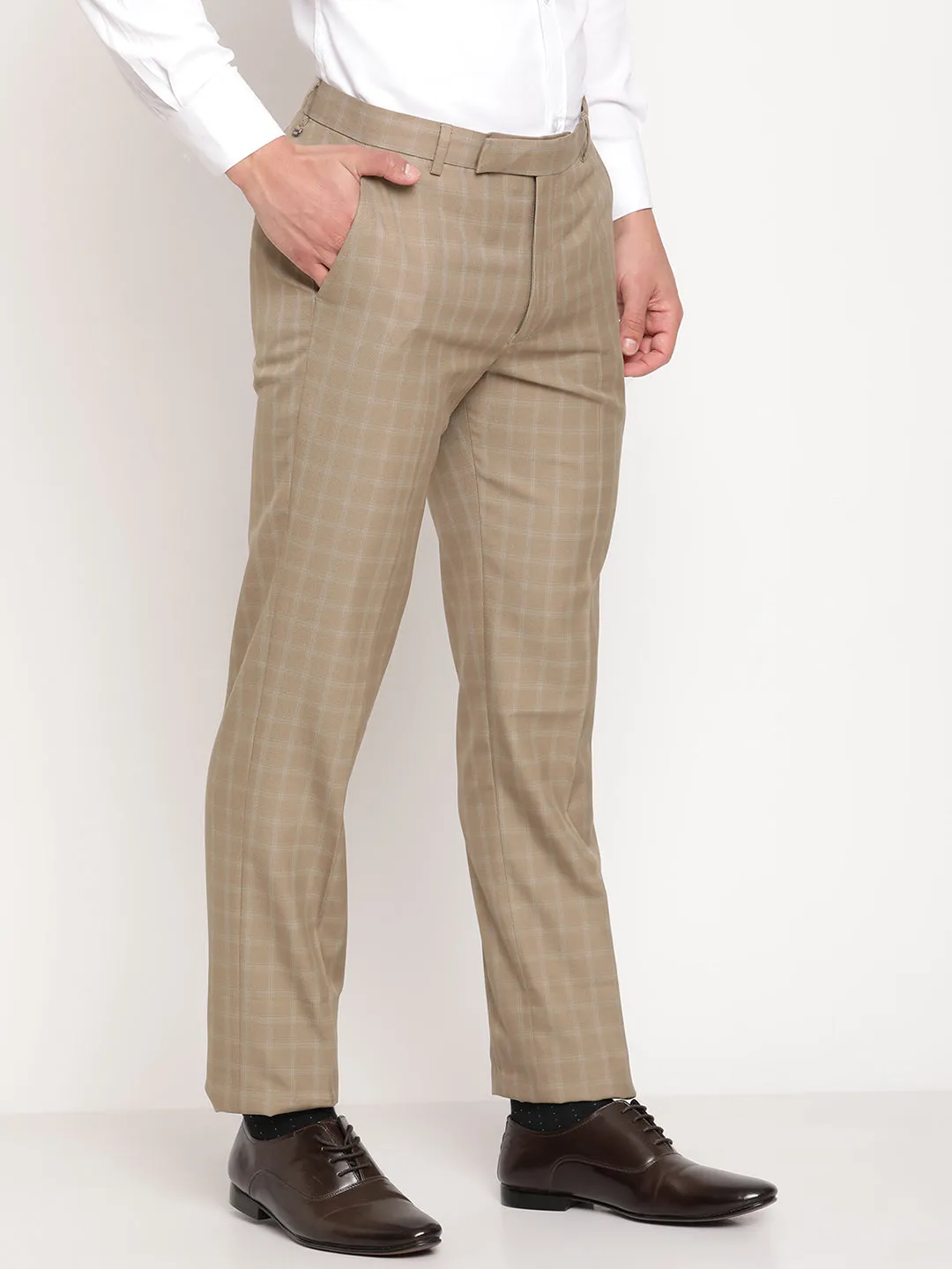 Men's Formal Flat front Beige Checks Trousers
