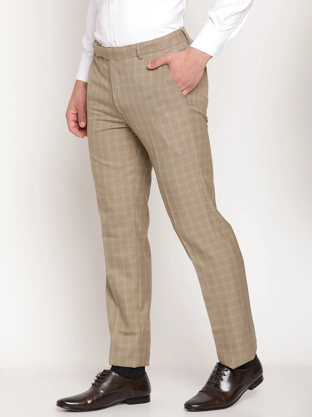 Men's Formal Flat front Beige Checks Trousers