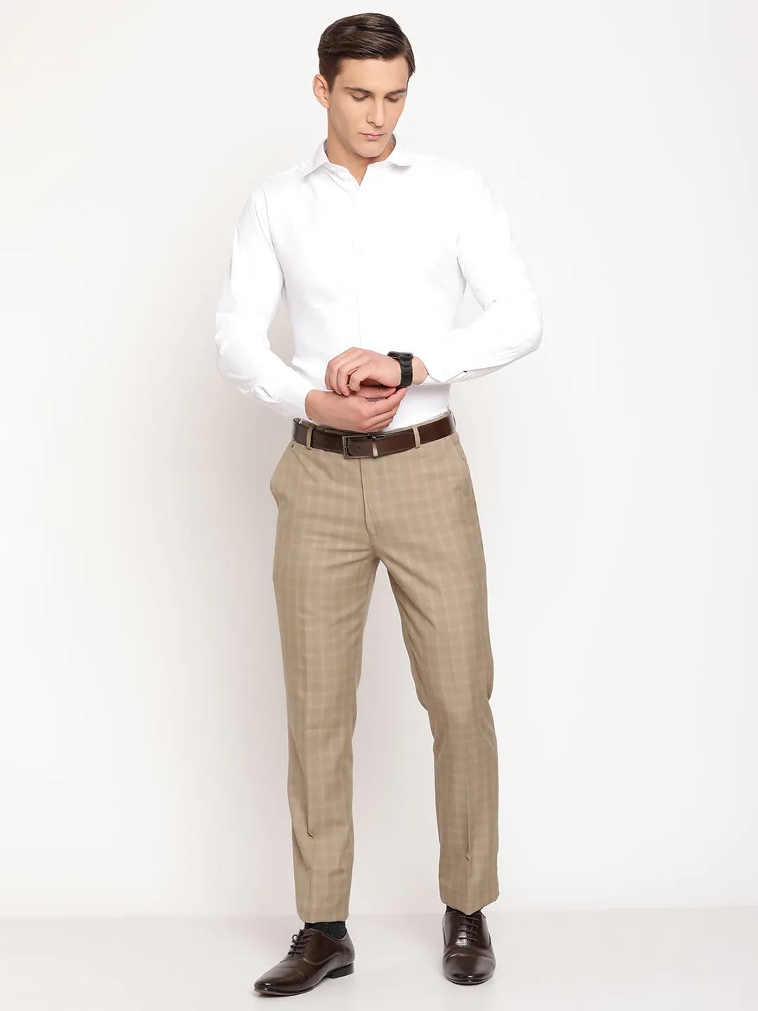 Men's Formal Flat front Beige Checks Trousers