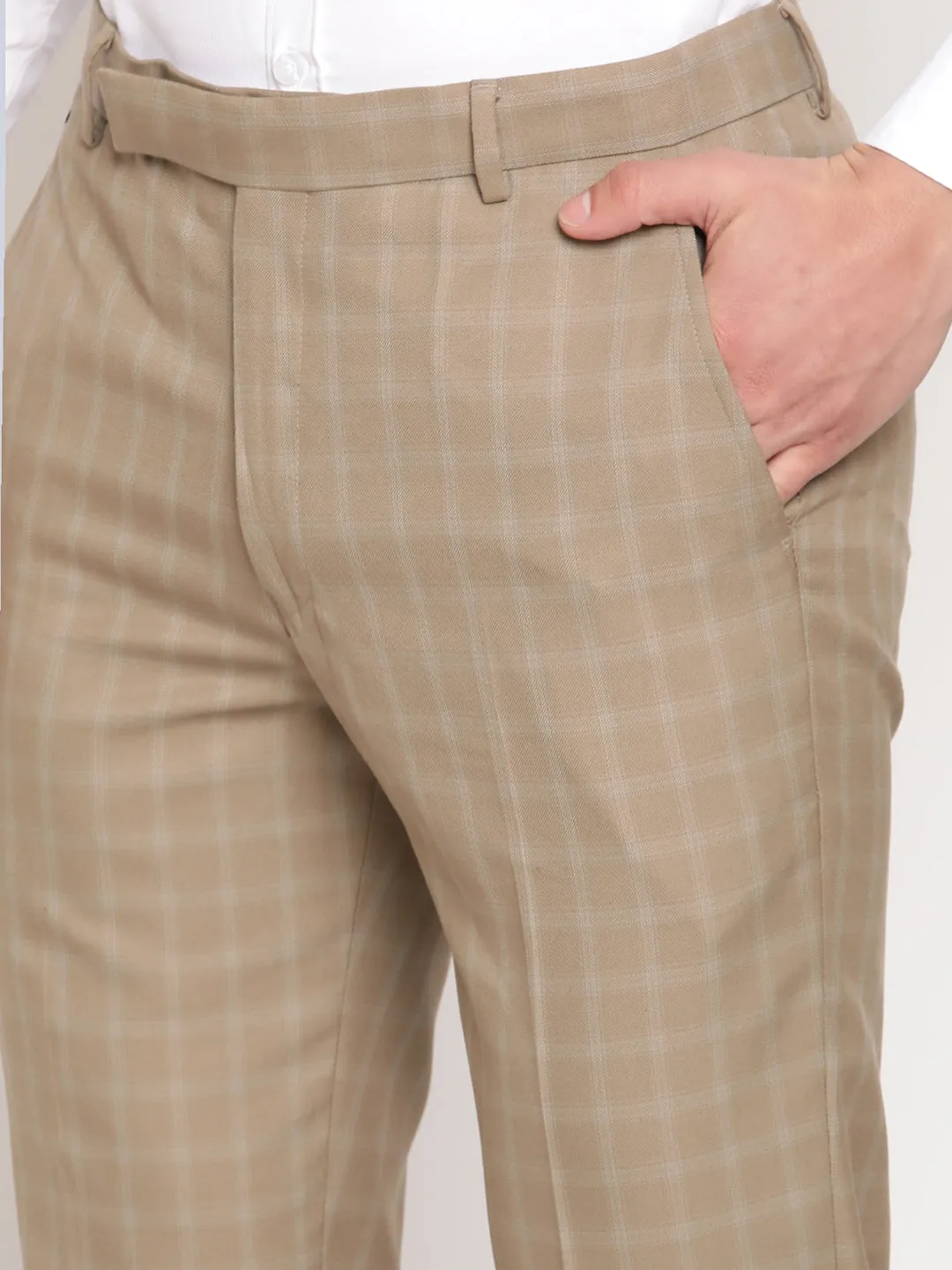 Men's Formal Flat front Beige Checks Trousers