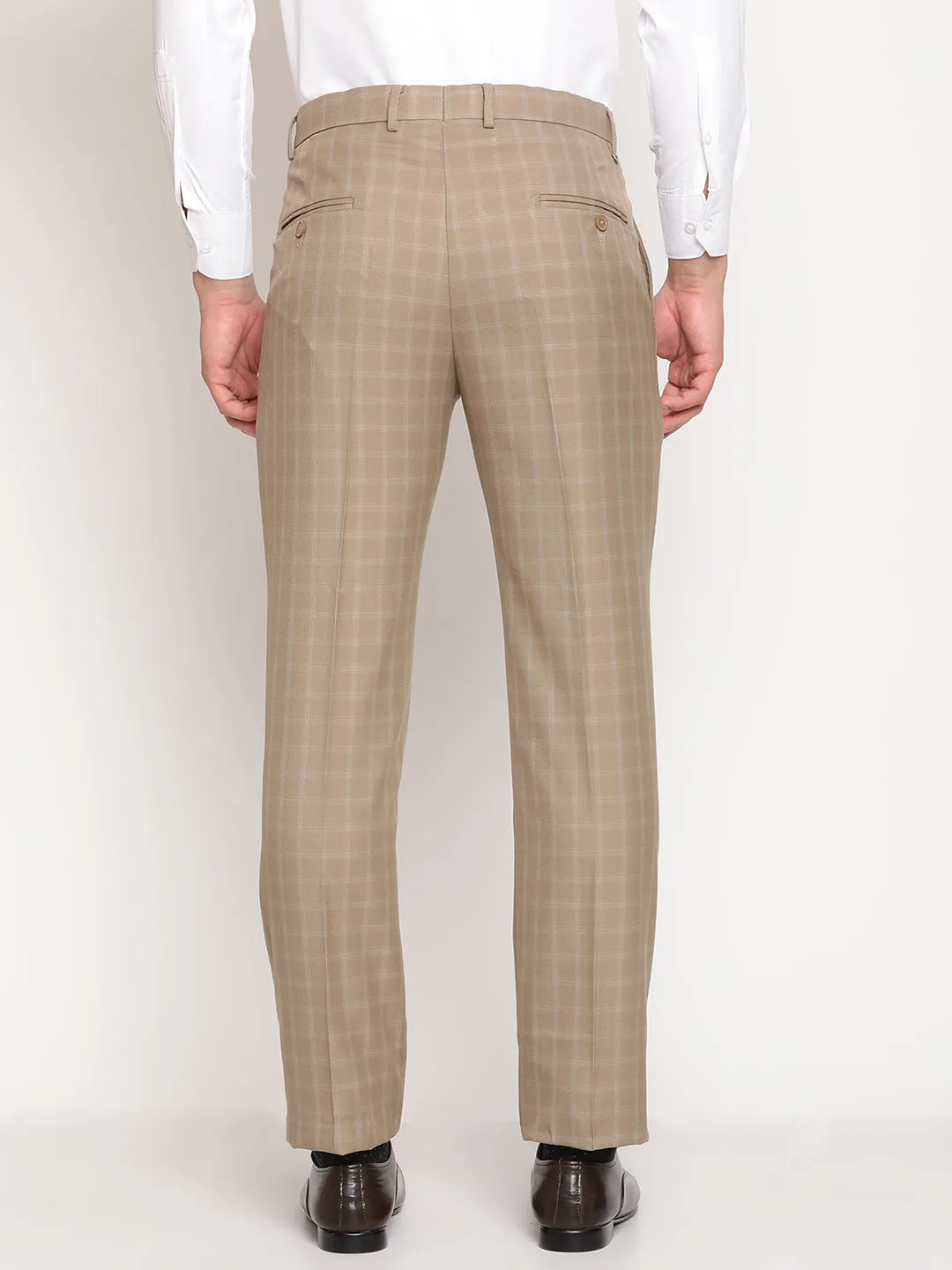 Men's Formal Flat front Beige Checks Trousers