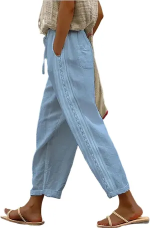 Women's Pant Cotton Linen Summer Beachwear Lightweight Elastic Waist Pants Casual Going Out Trousers 2025