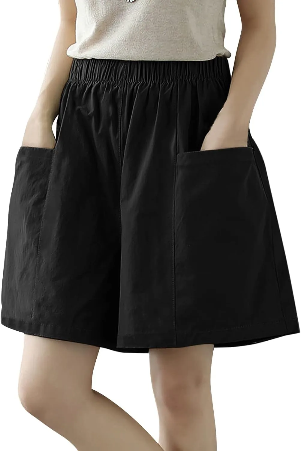 Womens Wide Leg Shorts for Women with Pockets Elastic Waist Linen Shorts Y2k Casual Loose Comfy Cotton Outdoor Short Pants