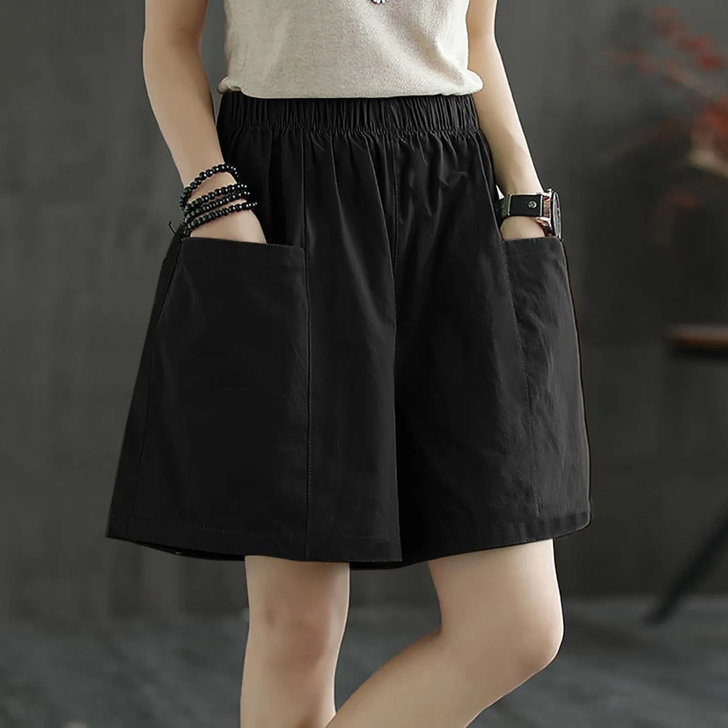 Womens Wide Leg Shorts for Women with Pockets Elastic Waist Linen Shorts Y2k Casual Loose Comfy Cotton Outdoor Short Pants