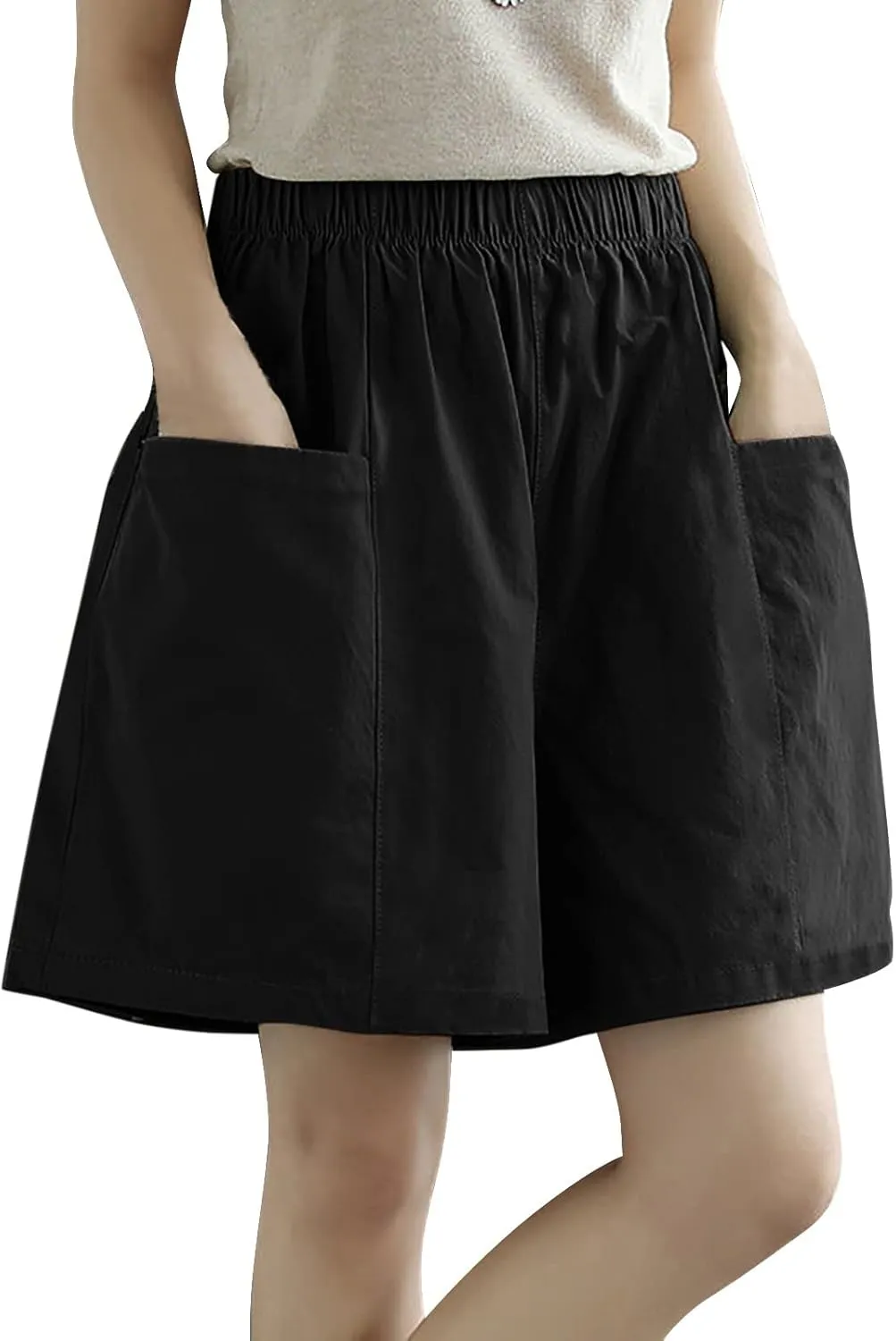 Womens Wide Leg Shorts for Women with Pockets Elastic Waist Linen Shorts Y2k Casual Loose Comfy Cotton Outdoor Short Pants