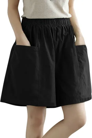 Womens Wide Leg Shorts for Women with Pockets Elastic Waist Linen Shorts Y2k Casual Loose Comfy Cotton Outdoor Short Pants