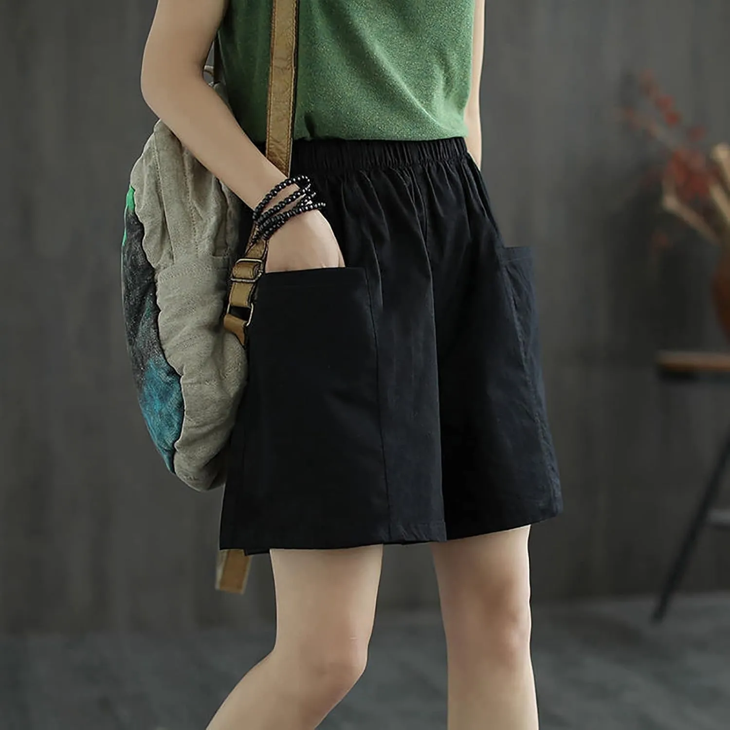 Womens Wide Leg Shorts for Women with Pockets Elastic Waist Linen Shorts Y2k Casual Loose Comfy Cotton Outdoor Short Pants